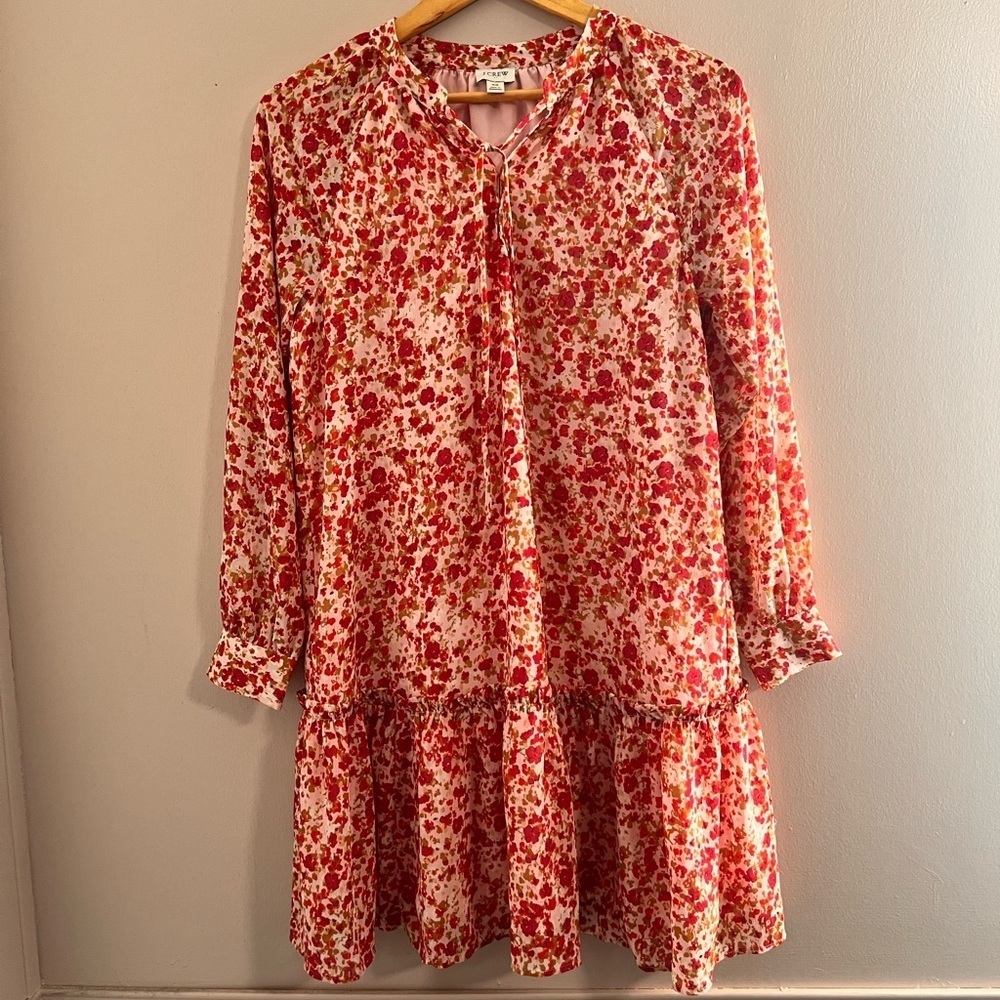 J. Crew Red and White Tiered Bishop Sleeve Dress